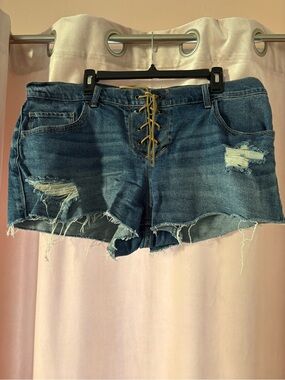 Hollister Lace-Up Distressed Denim Shorts - Blue with Tan Laces